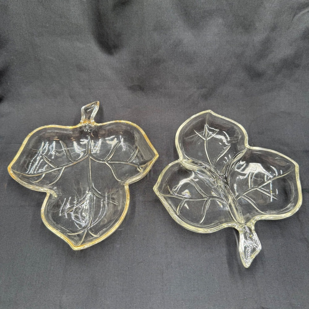 Vintage MCM Hazel Atlas Glass Leaf‎ Dishes Lot Set 2 Relish Candy Nut Trays 60s